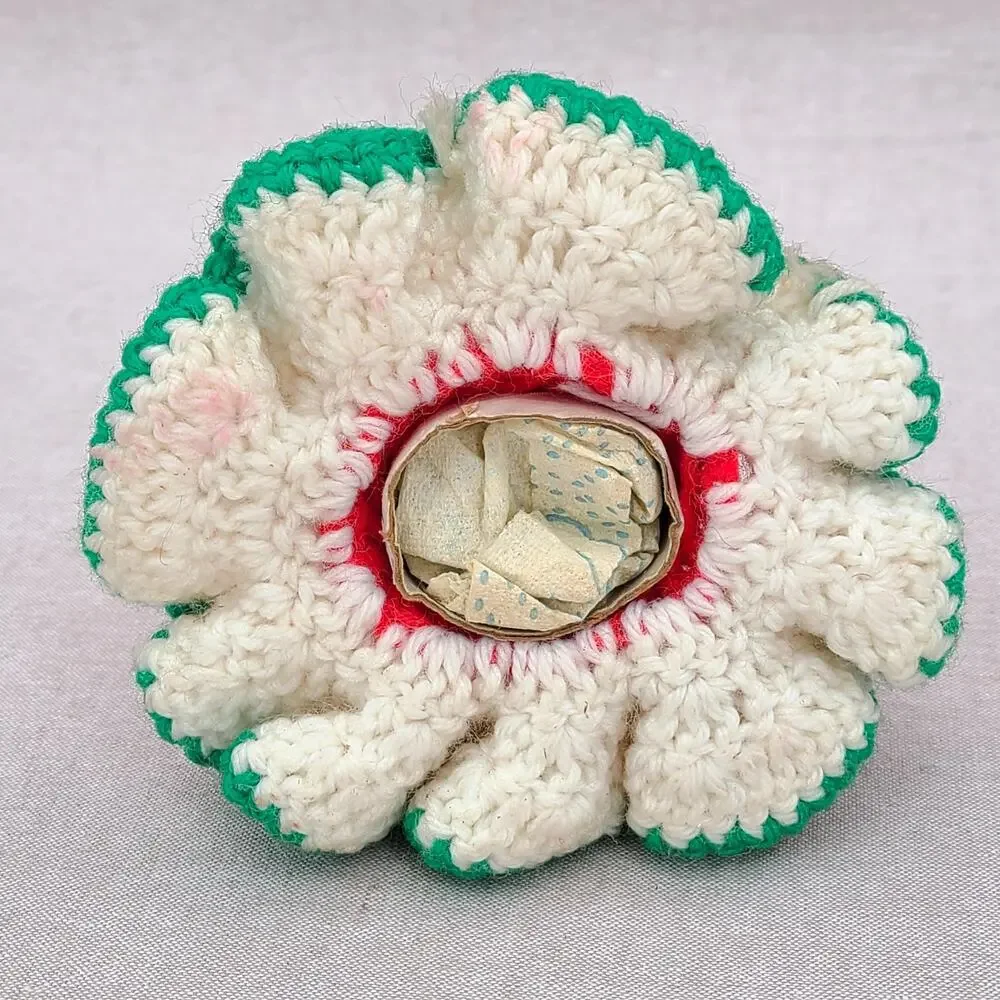 Vtg Red Green Hand Crocheted Christmas Candle on Toilet Paper Roll Granny Core